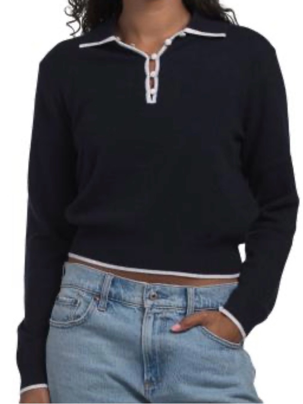 White + Warren Cashmere Navy Blue with White Trim Collared Polo Sweater size S